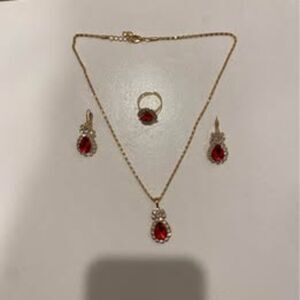 Red Crystal Jewelry Set – Necklace, Drop Earrings, Adjustable Ring, Alloy Meta